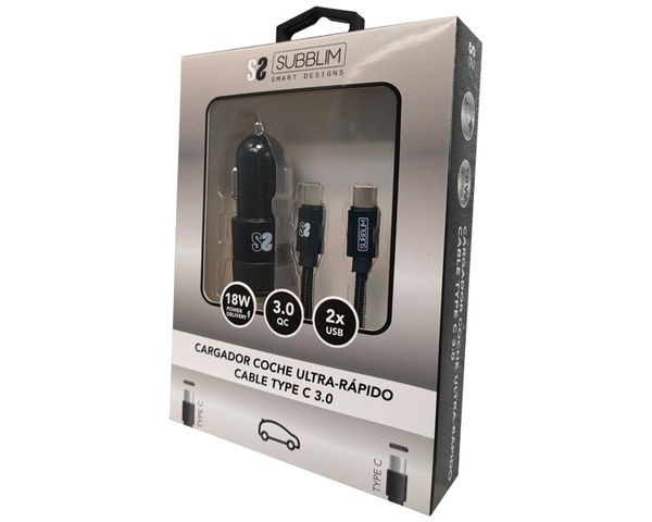 Subblim Cargador de Coche 2xUSB + Cable USB-C Negro