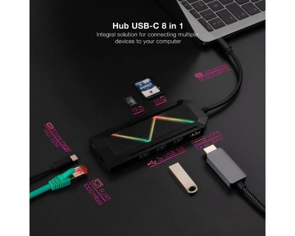 Nanocable Hub 8 en 1 USB-C a USB/USB-C/HDMI/RJ45/Lector Tarjetas/PD 100W