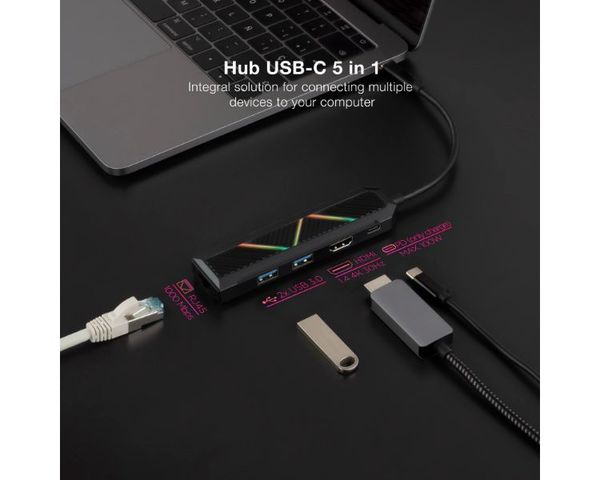 Nanocable Hub 5 en 1 USB-C a USB-A/USB-C/HDMI/RJ45/PD 100W