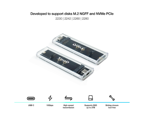 TooQ Caja Externa SSD M.2 NGFF/NVMe Iluminación RGB Transparente