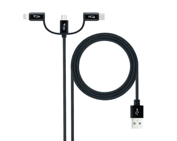 Nanocable Cable USB 3 en 1 Carga/Datos USB-A a USB-C/Micro USB/Lightning 1m Negro