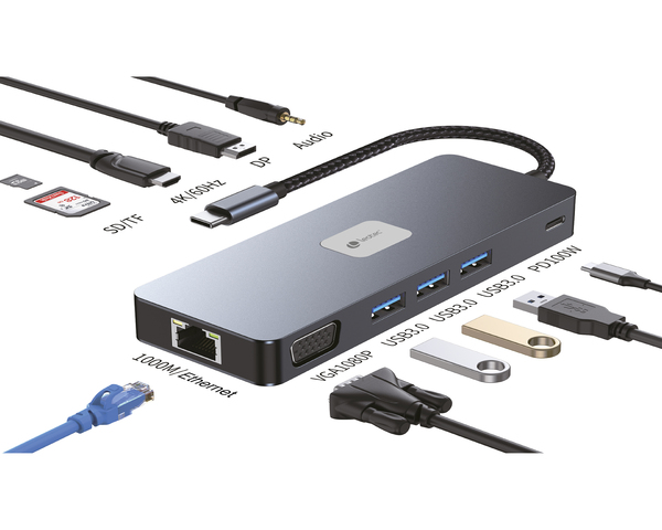 Leotec LEDS03 Docking Station 11 en1 Plus USB-C PD 100W / HDMI 4K / VGA / DP / USB 3.2 / RJ 45 / MSD