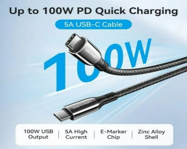 Vention CTKBH Cable 2.0 USB-C Macho a USB-C Macho 100W 2m Negro