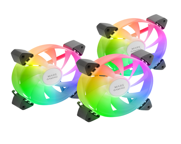 Mars Gaming MF-3A Kit 3x Ventiladores FDB 120mm ARGB Rainbow 360º sin Marco Doble Conector Negro