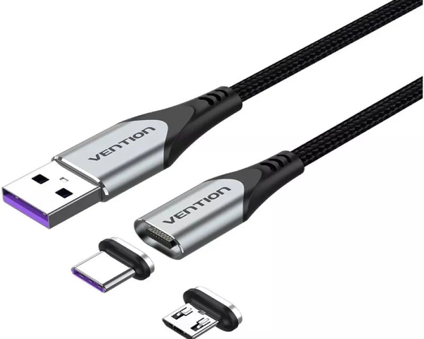 Vention Cable USB-A Magnético con Adaptador MicroUSB Macho/ USB-C Macho 1.5M Gris