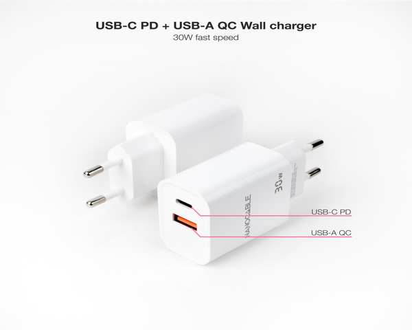 Nanocable Cargador USB-A y USB-C 30W Blanco